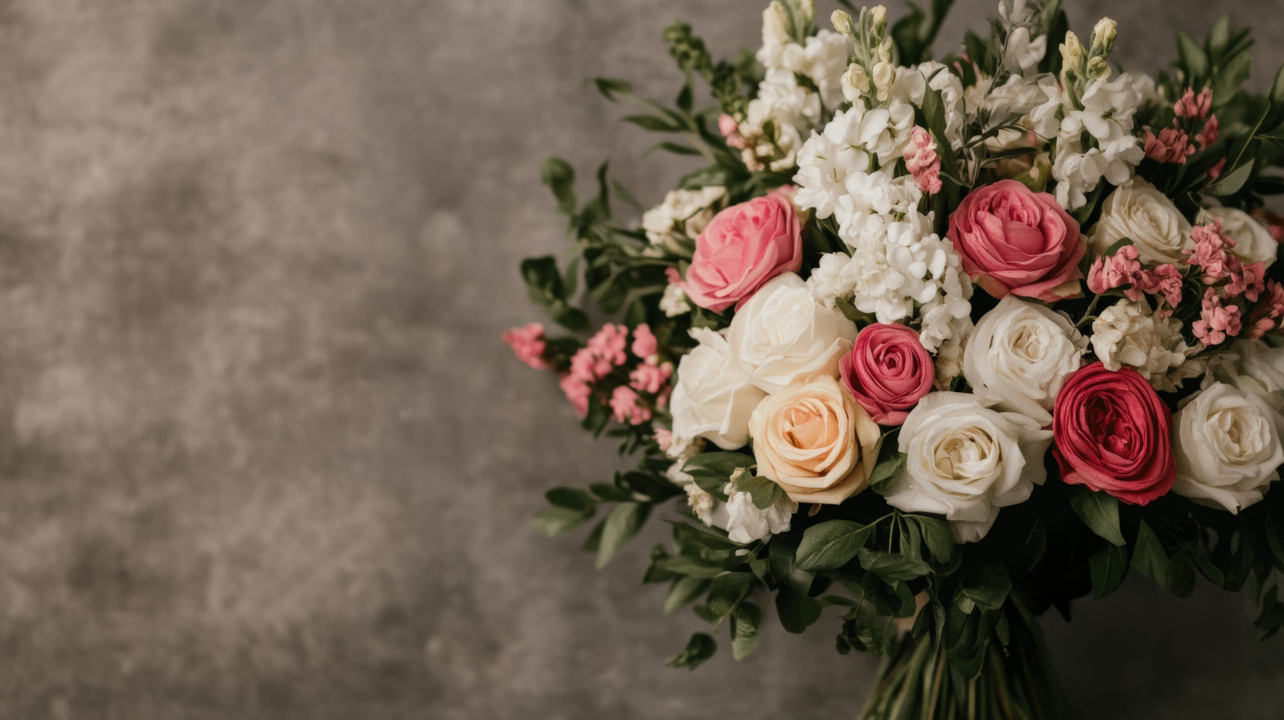 Boeket met roze rozen en witte violier tegen een grijze wand